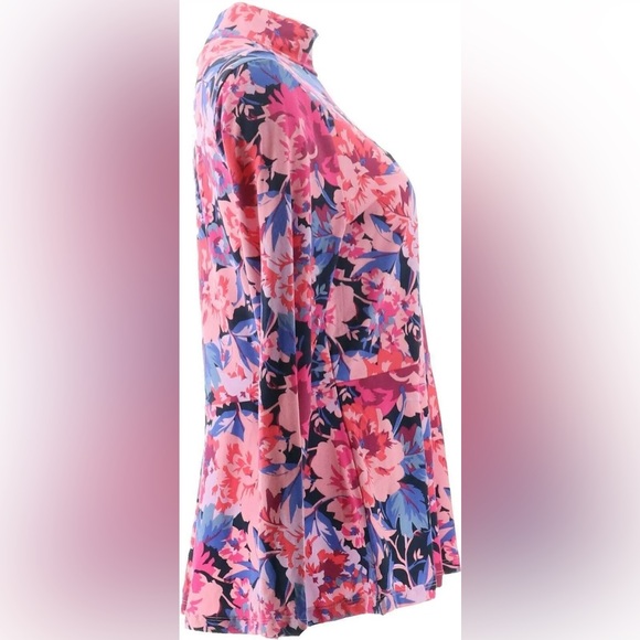 Isaac Mizrahi Live Peony Bouquet Print Mock Neck Peplum Top - Picture 10 of 11